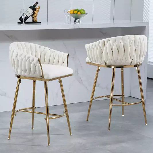 26 Inch Counter Height Bar Stool, Velvet Kitchen Island Stool with Wave Back, Gold Chrome Base and Footrest, Beige