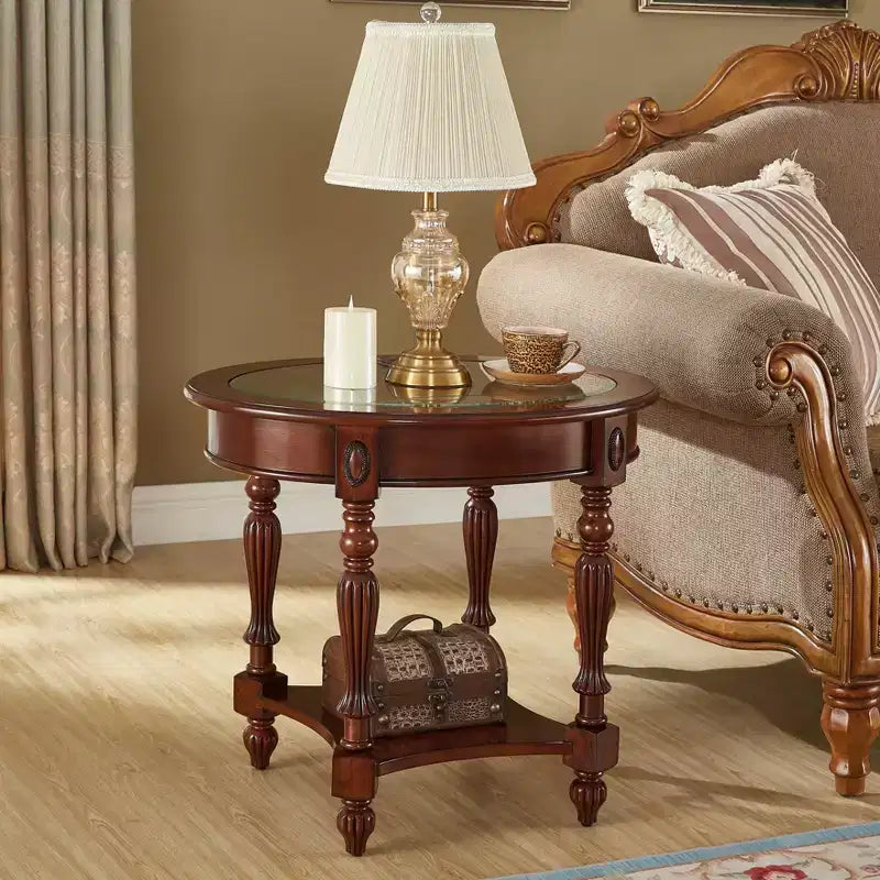 Table d'appoint ovale classique EHMKNP en bois massif avec plateau en verre