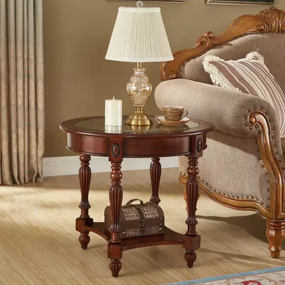Table d'appoint ovale classique EHMKNP en bois massif avec plateau en verre