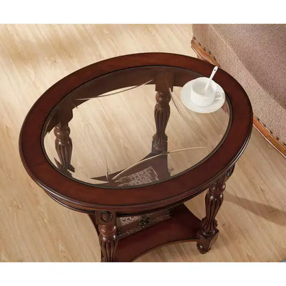 Table d'appoint ovale classique EHMKNP en bois massif avec plateau en verre