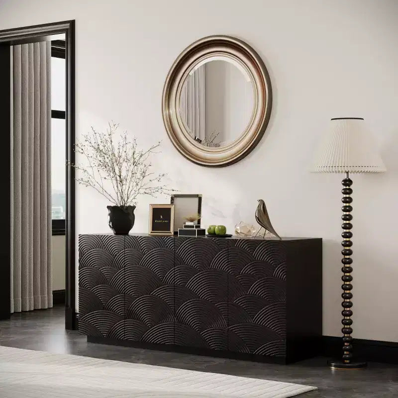 Buffet moderne noir 60 po et meuble TV, console multimédia discrète avec portes texturées à motif d'écailles - Panipeachy
