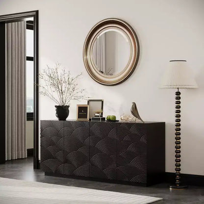 Buffet moderne noir 60 po et meuble TV, console multimédia discrète avec portes texturées à motif d'écailles - Panipeachy