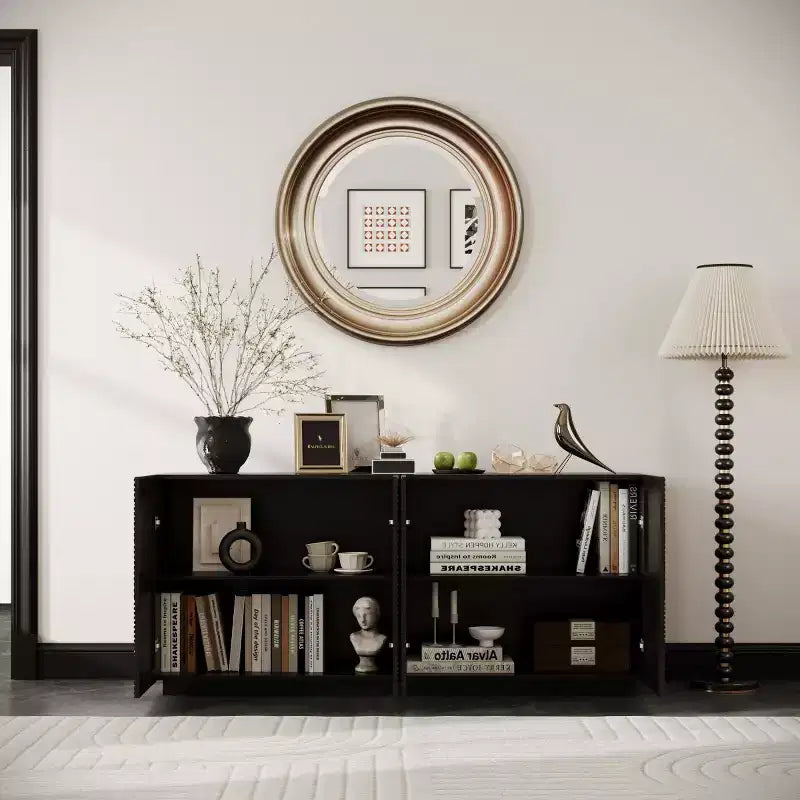 Buffet moderne noir 60 po et meuble TV, console multimédia discrète avec portes texturées à motif d'écailles - Panipeachy