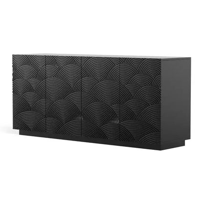 Buffet moderne noir 60 po et meuble TV, console multimédia discrète avec portes texturées à motif d'écailles - Panipeachy
