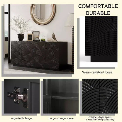 Buffet moderne noir 60 po et meuble TV, console multimédia discrète avec portes texturées à motif d'écailles - Panipeachy