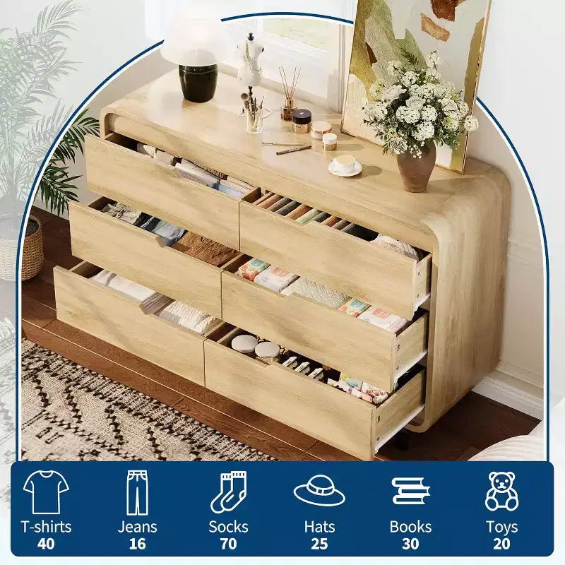 Commode à 6 tiroirs pour chambre à coucher, commode en bois moderne de 120 cm de large avec grand espace de rangement en bois, commode pour salon, couloir