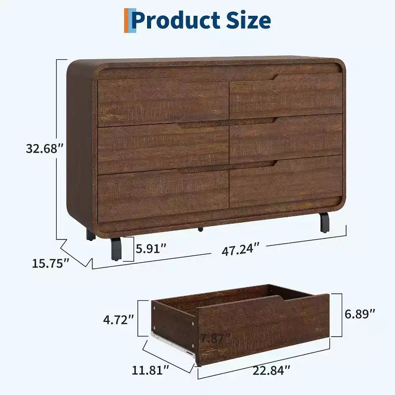 Commode à 6 tiroirs pour chambre à coucher, commode en bois moderne de 120 cm de large avec grand espace de rangement en bois, commode pour salon, couloir