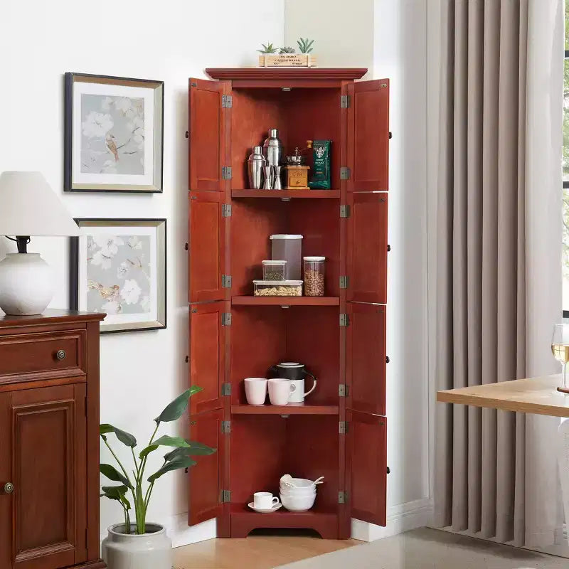 Étagère de cuisine d'angle à 4 niveaux, Armoire de rangement d'angle haute à 8 portes avec étagères réglables, Armoire bibliothèque de style ferme pour salon