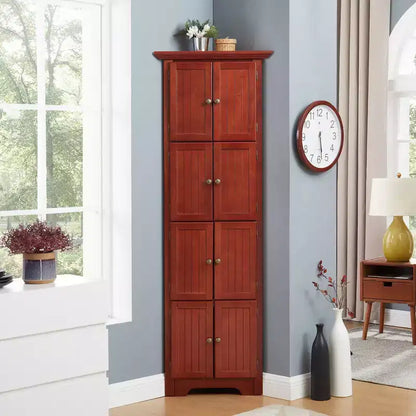 Étagère de cuisine d'angle à 4 niveaux, Armoire de rangement d'angle haute à 8 portes avec étagères réglables, Armoire bibliothèque de style ferme pour salon