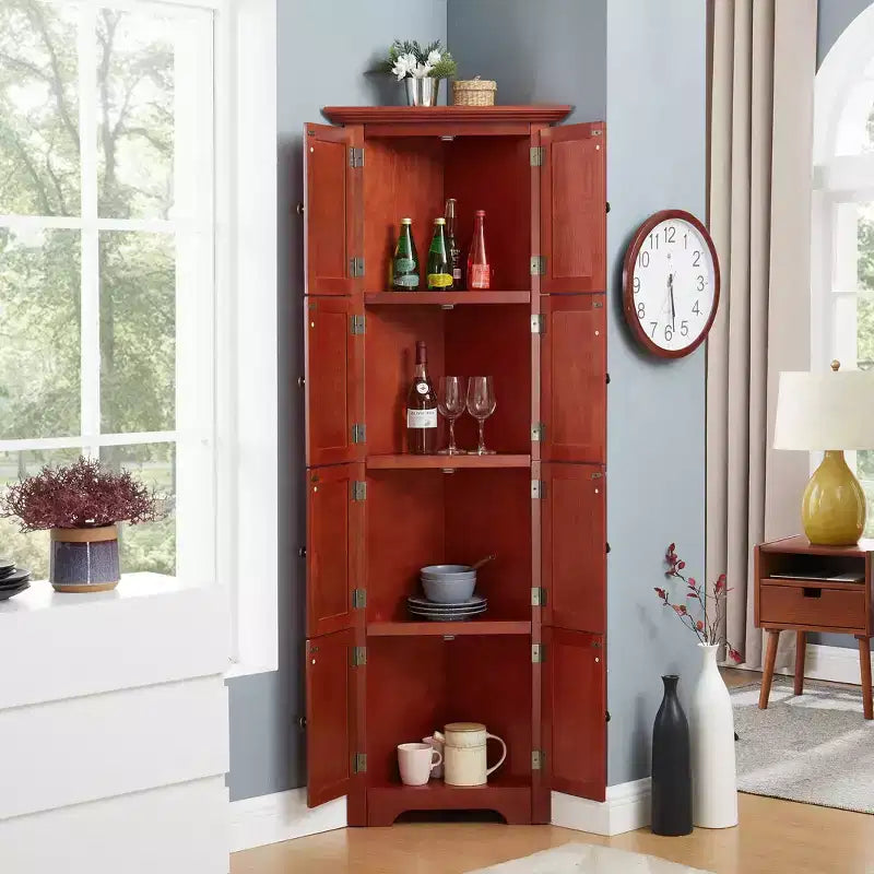 Étagère de cuisine d'angle à 4 niveaux, Armoire de rangement d'angle haute à 8 portes avec étagères réglables, Armoire bibliothèque de style ferme pour salon