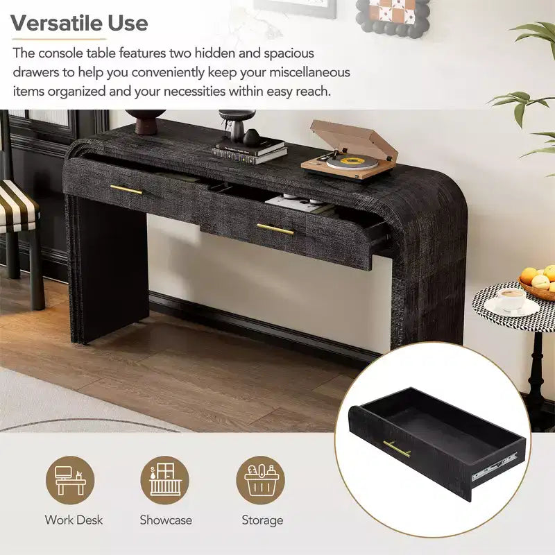 Console vintage avec 2 tiroirs, Table d'entrée pour le salon, le couloir ou la chambre à coucher, en bois naturel ou noir antique