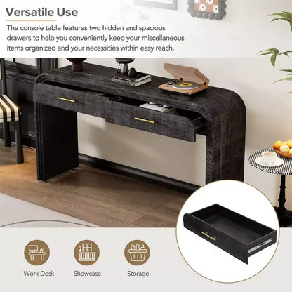 Console vintage avec 2 tiroirs, Table d'entrée pour le salon, le couloir ou la chambre à coucher, en bois naturel ou noir antique