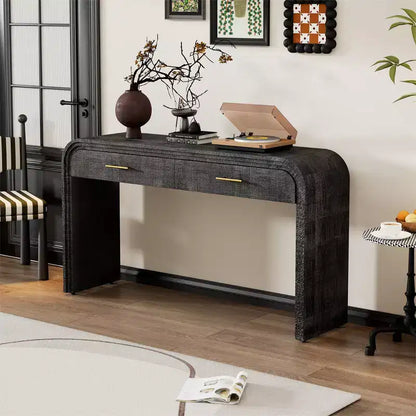 Console vintage avec 2 tiroirs, Table d'entrée pour le salon, le couloir ou la chambre à coucher, en bois naturel ou noir antique