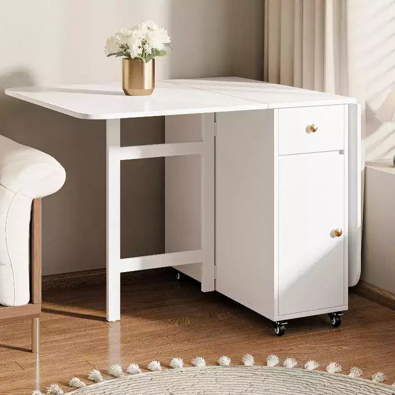 ATJafurn Table à manger pliable blanche de 150 cm pour petits espaces, table de cuisine rectangulaire en bois extensible avec rabats