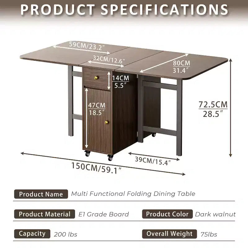 ATJafurn Table à manger pliable blanche de 150 cm pour petits espaces, table de cuisine rectangulaire en bois extensible avec rabats