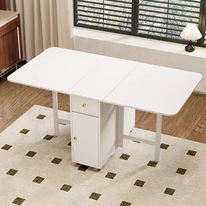 ATJafurn Table à manger pliable blanche de 150 cm pour petits espaces, table de cuisine rectangulaire en bois extensible avec rabats