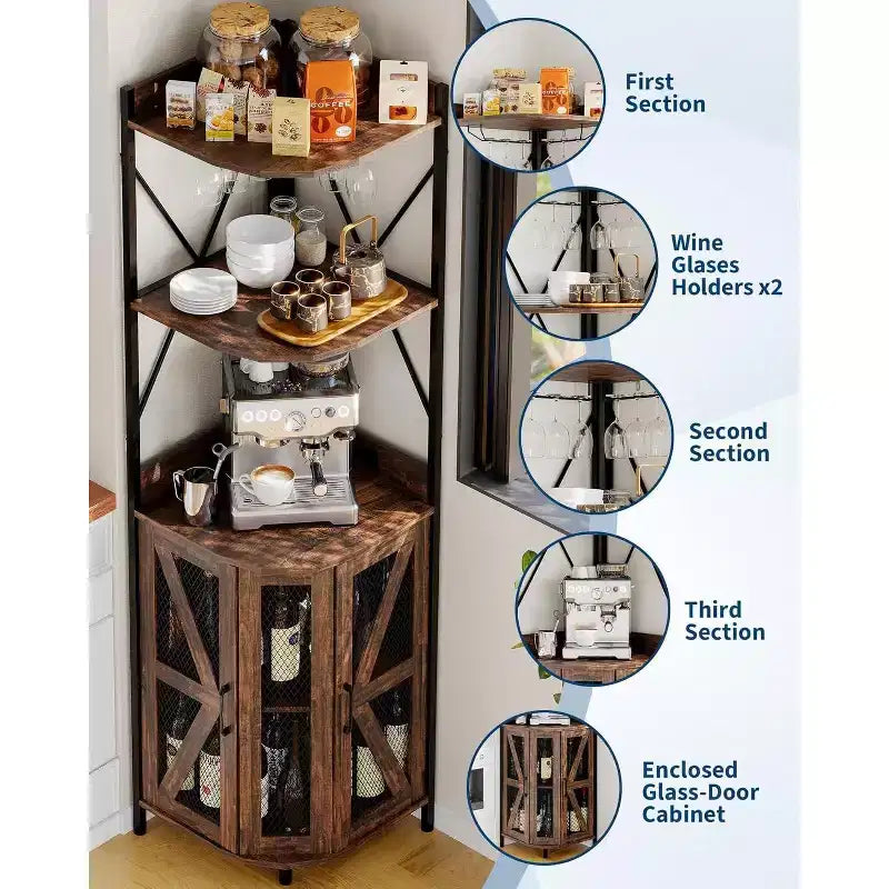 Étagère d'angle de cuisine à 4 niveaux, armoire autoportante pliable, étagère de rangement industrielle en métal et bois pour petits espaces, salon et cuisine