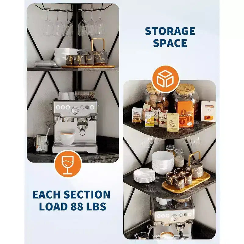 Étagère d'angle de cuisine à 4 niveaux, armoire autoportante pliable, étagère de rangement industrielle en métal et bois pour petits espaces, salon et cuisine