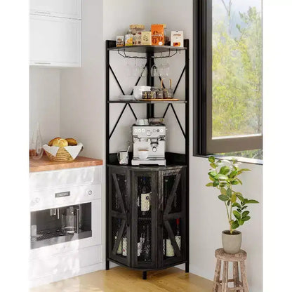 4-Tier Corner Kitchen Rack, Freestanding Foldable Cabinet, Industrial Metal and Wood Storage Shelf for Small Spaces, Living Room & Kitchen