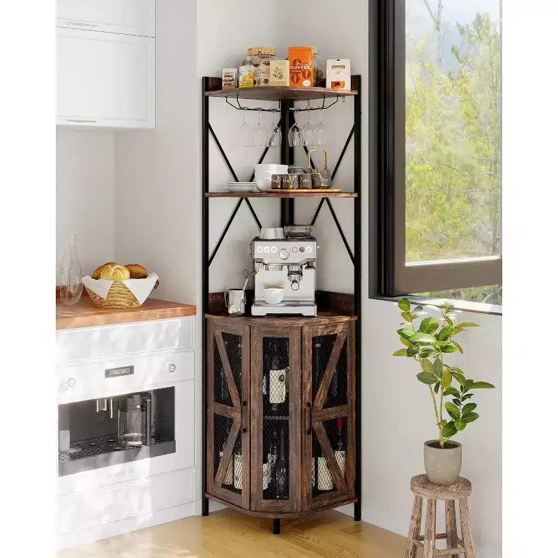 Étagère d'angle de cuisine à 4 niveaux, armoire autoportante pliable, étagère de rangement industrielle en métal et bois pour petits espaces, salon et cuisine