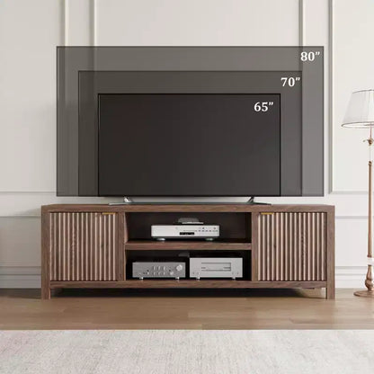 Meuble TV cannelé pour téléviseurs de 75 pouces et plus, meuble de divertissement moderne avec rangement à 2 niveaux, étagères réglables et poignées, console média pour salon et chambre