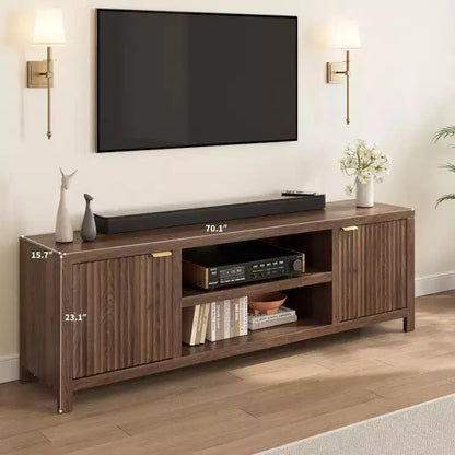 Meuble TV cannelé pour téléviseurs de 75 pouces et plus, meuble de divertissement moderne avec rangement à 2 niveaux, étagères réglables et poignées, console média pour salon et chambre