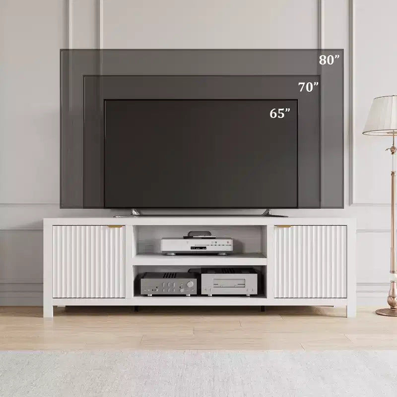 Meuble TV cannelé pour téléviseurs de 75 pouces et plus, meuble de divertissement moderne avec rangement à 2 niveaux, étagères réglables et poignées, console média pour salon et chambre