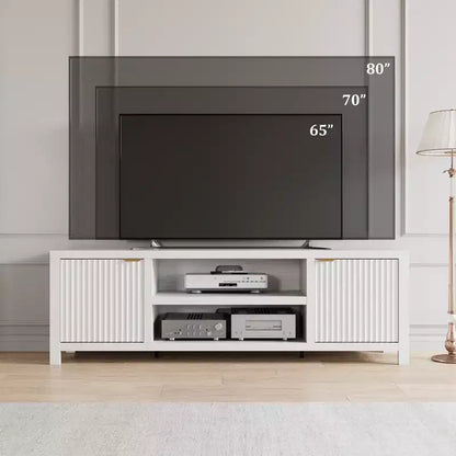 Meuble TV cannelé pour téléviseurs de 75 pouces et plus, meuble de divertissement moderne avec rangement à 2 niveaux, étagères réglables et poignées, console média pour salon et chambre