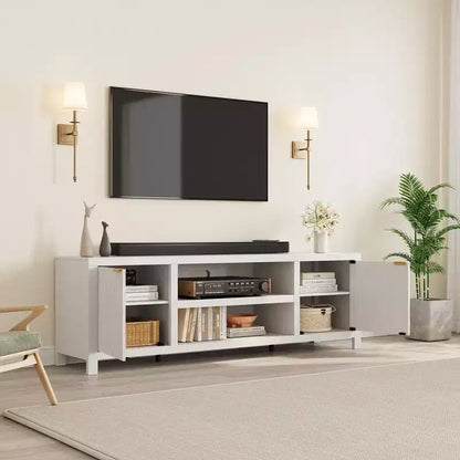 Meuble TV cannelé pour téléviseurs de 75 pouces et plus, meuble de divertissement moderne avec rangement à 2 niveaux, étagères réglables et poignées, console média pour salon et chambre