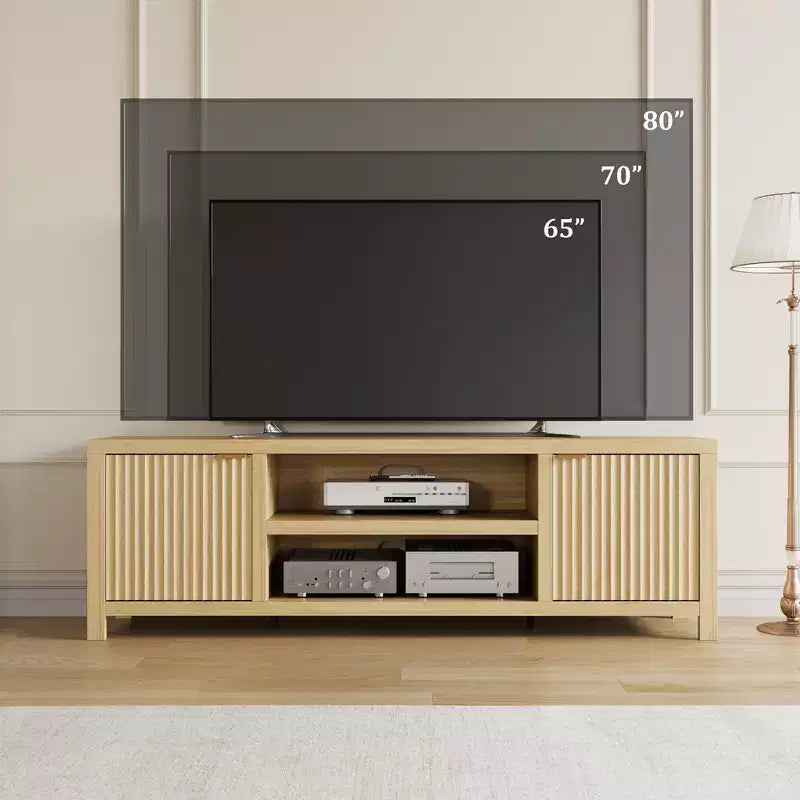 Meuble TV cannelé pour téléviseurs de 75 pouces et plus, meuble de divertissement moderne avec rangement à 2 niveaux, étagères réglables et poignées, console média pour salon et chambre