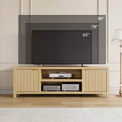 Meuble TV cannelé pour téléviseurs de 75 pouces et plus, meuble de divertissement moderne avec rangement à 2 niveaux, étagères réglables et poignées, console média pour salon et chambre