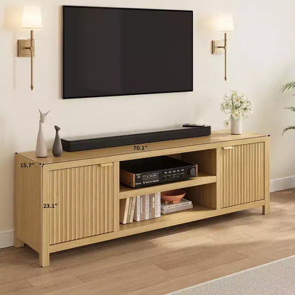 Meuble TV cannelé pour téléviseurs de 75 pouces et plus, meuble de divertissement moderne avec rangement à 2 niveaux, étagères réglables et poignées, console média pour salon et chambre