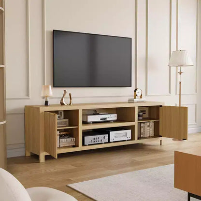 Meuble TV cannelé pour téléviseurs de 75 pouces et plus, meuble de divertissement moderne avec rangement à 2 niveaux, étagères réglables et poignées, console média pour salon et chambre