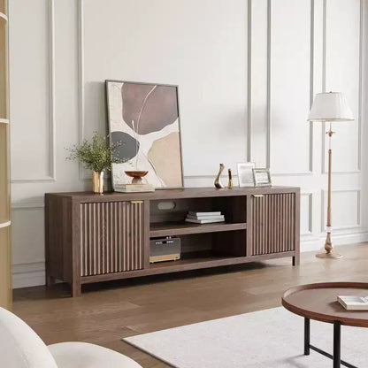 Meuble TV cannelé pour téléviseurs de 75 pouces et plus, meuble de divertissement moderne avec rangement à 2 niveaux, étagères réglables et poignées, console média pour salon et chambre