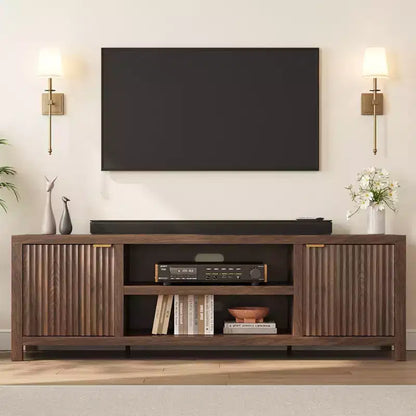 Meuble TV cannelé pour téléviseurs de 75 pouces et plus, meuble de divertissement moderne avec rangement à 2 niveaux, étagères réglables et poignées, console média pour salon et chambre