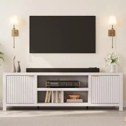 Meuble TV cannelé pour téléviseurs de 75 pouces et plus, meuble de divertissement moderne avec rangement à 2 niveaux, étagères réglables et poignées, console média pour salon et chambre