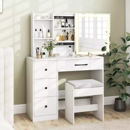 Costway Vanity Desk with Sliding Mirror and Lights Makeup Table and Chair Set with 4 Drawers White
