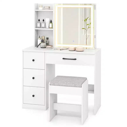 Coiffeuse Costway avec miroir coulissant et lumières, table de maquillage et ensemble chaise avec 4 tiroirs, Blanc