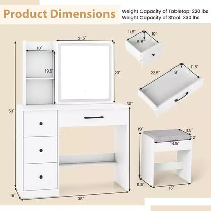 Coiffeuse Costway avec miroir coulissant et lumières, table de maquillage et ensemble chaise avec 4 tiroirs, Blanc