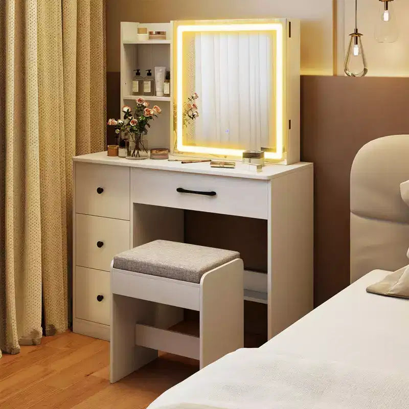 Coiffeuse Costway avec miroir coulissant et lumières, table de maquillage et ensemble chaise avec 4 tiroirs, Blanc