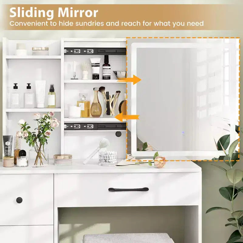 Coiffeuse Costway avec miroir coulissant et lumières, table de maquillage et ensemble chaise avec 4 tiroirs, Blanc