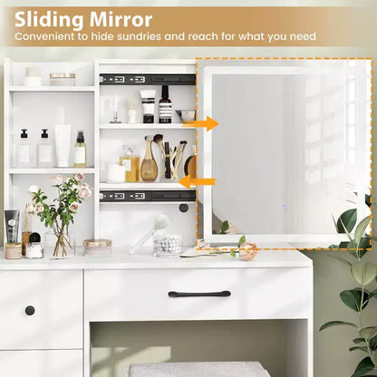 Coiffeuse Costway avec miroir coulissant et lumières, table de maquillage et ensemble chaise avec 4 tiroirs, Blanc