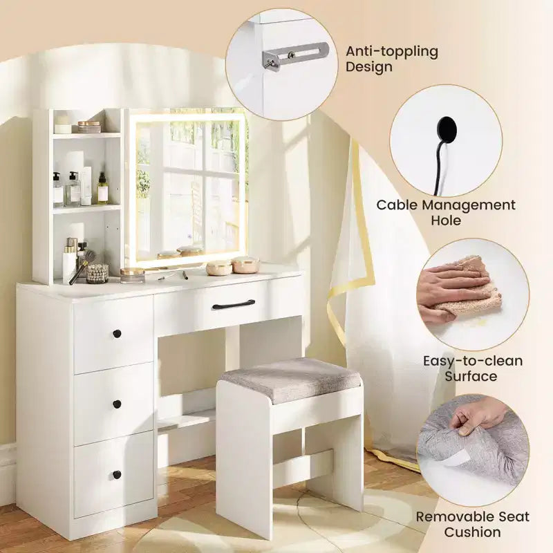 Coiffeuse Costway avec miroir coulissant et lumières, table de maquillage et ensemble chaise avec 4 tiroirs, Blanc