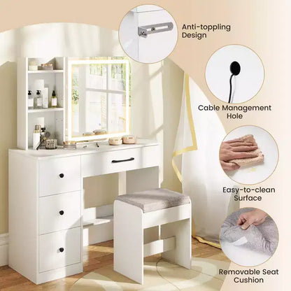 Coiffeuse Costway avec miroir coulissant et lumières, table de maquillage et ensemble chaise avec 4 tiroirs, Blanc