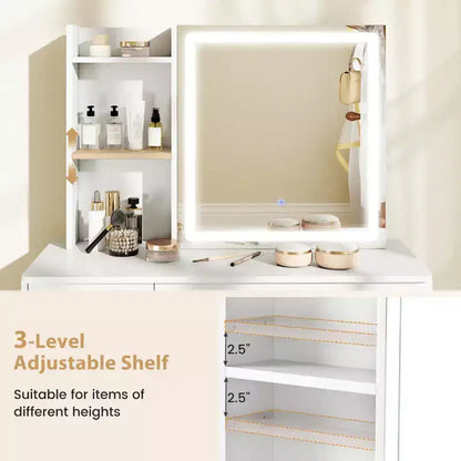 Coiffeuse Costway avec miroir coulissant et lumières, table de maquillage et ensemble chaise avec 4 tiroirs, Blanc