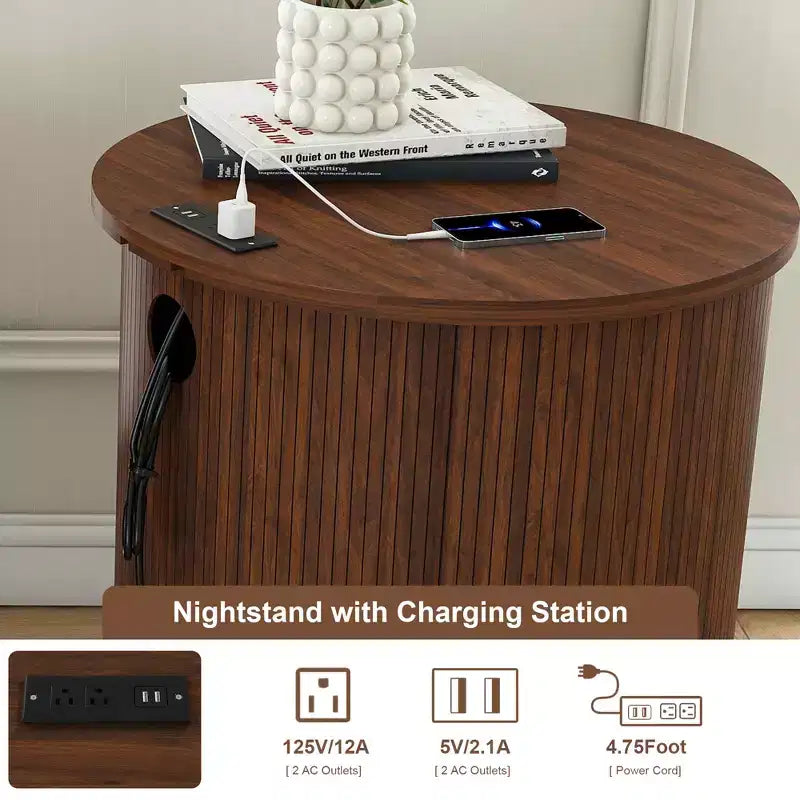 Table d'appoint cylindrique GDFStudio Orion Mid-Century Modern avec porte coulissante et station de recharge