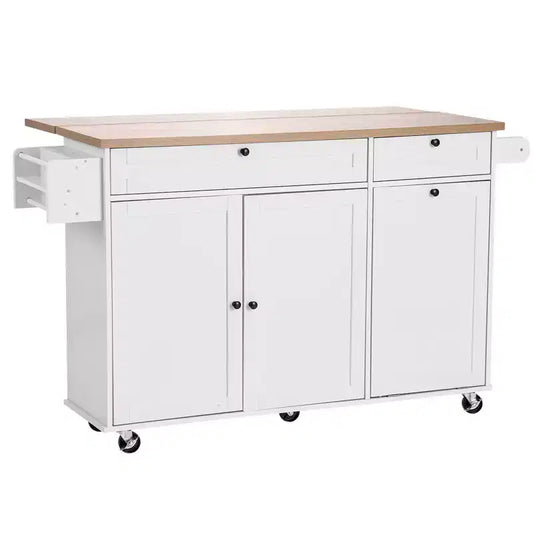 VEVOR Kitchen Island Cart with Storage, 60in Wide Mobile Kitchen Cart with Wheels, Drop Leaf, 2 Drawers, Trash Can Cabinet, Knife Holder,White