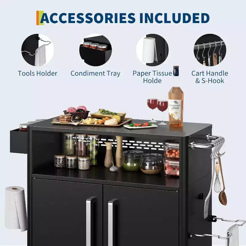 Chariot de cuisine extérieur robuste noir GustoWave avec roulettes et rangement - Table de préparation BBQ à 2 niveaux pour terrasse