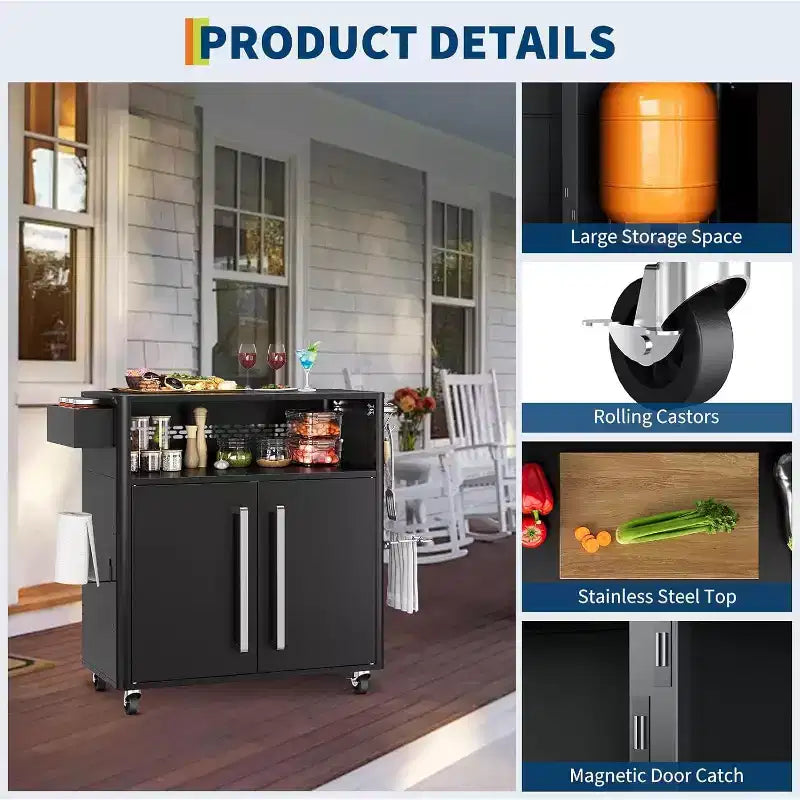 Chariot de cuisine extérieur robuste noir GustoWave avec roulettes et rangement - Table de préparation BBQ à 2 niveaux pour terrasse