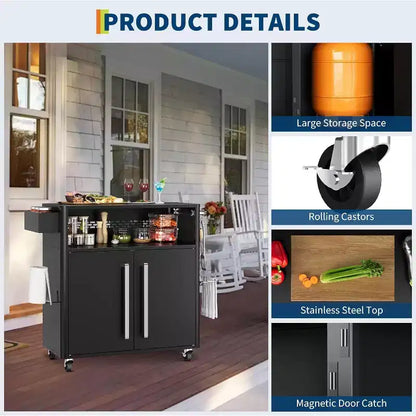 Chariot de cuisine extérieur robuste noir GustoWave avec roulettes et rangement - Table de préparation BBQ à 2 niveaux pour terrasse